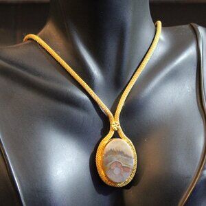 Vintage Agate Gold Tone Rope Chain Necklace